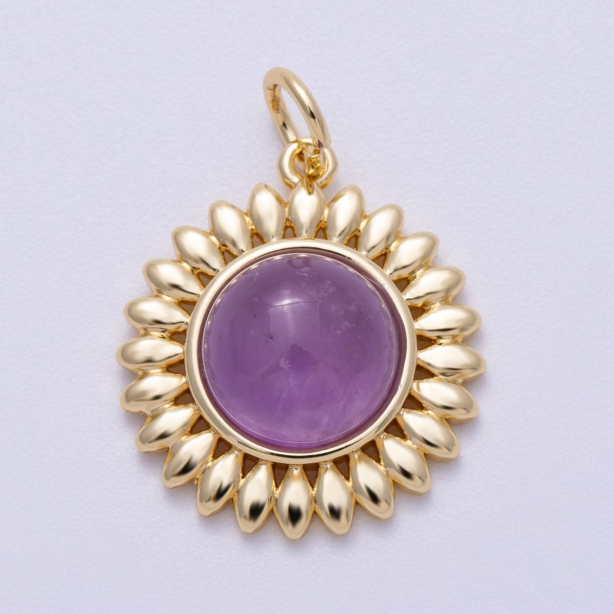 16K Gold Filled 21mm Carnelian, Aquamarine, Amethyst Round Cabochon Gemstone Flower Charm | Charms - 00600 ~ Charms - 00602 - DLUXCA