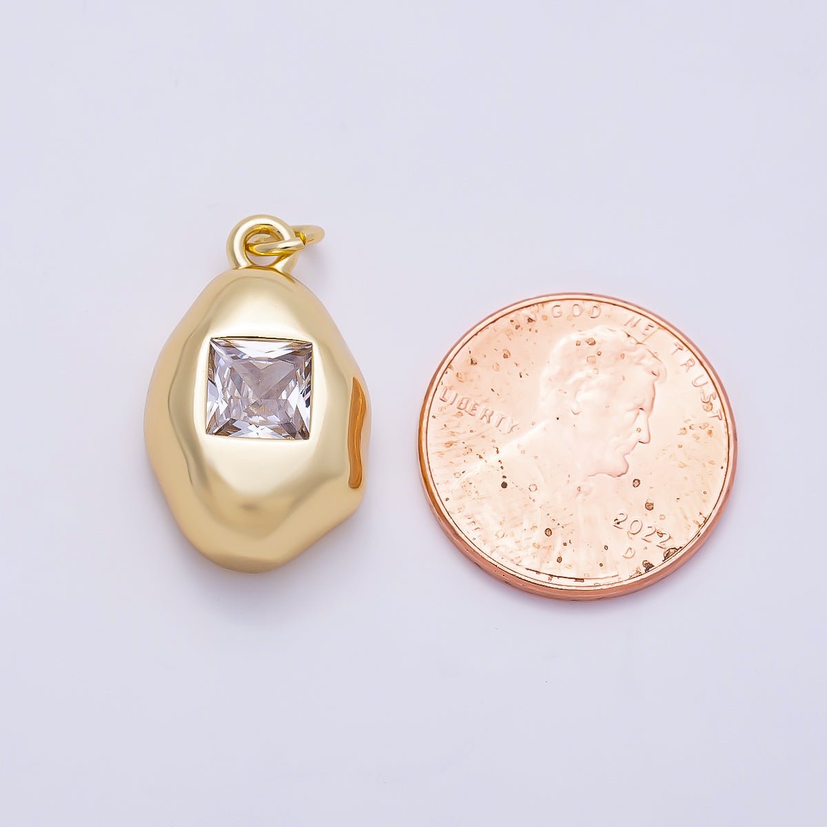 16K Gold Filled 21mm Clear Baguette CZ Square Geometric Molten Bezel Chubby Charm | Charms-01356 - DLUXCA