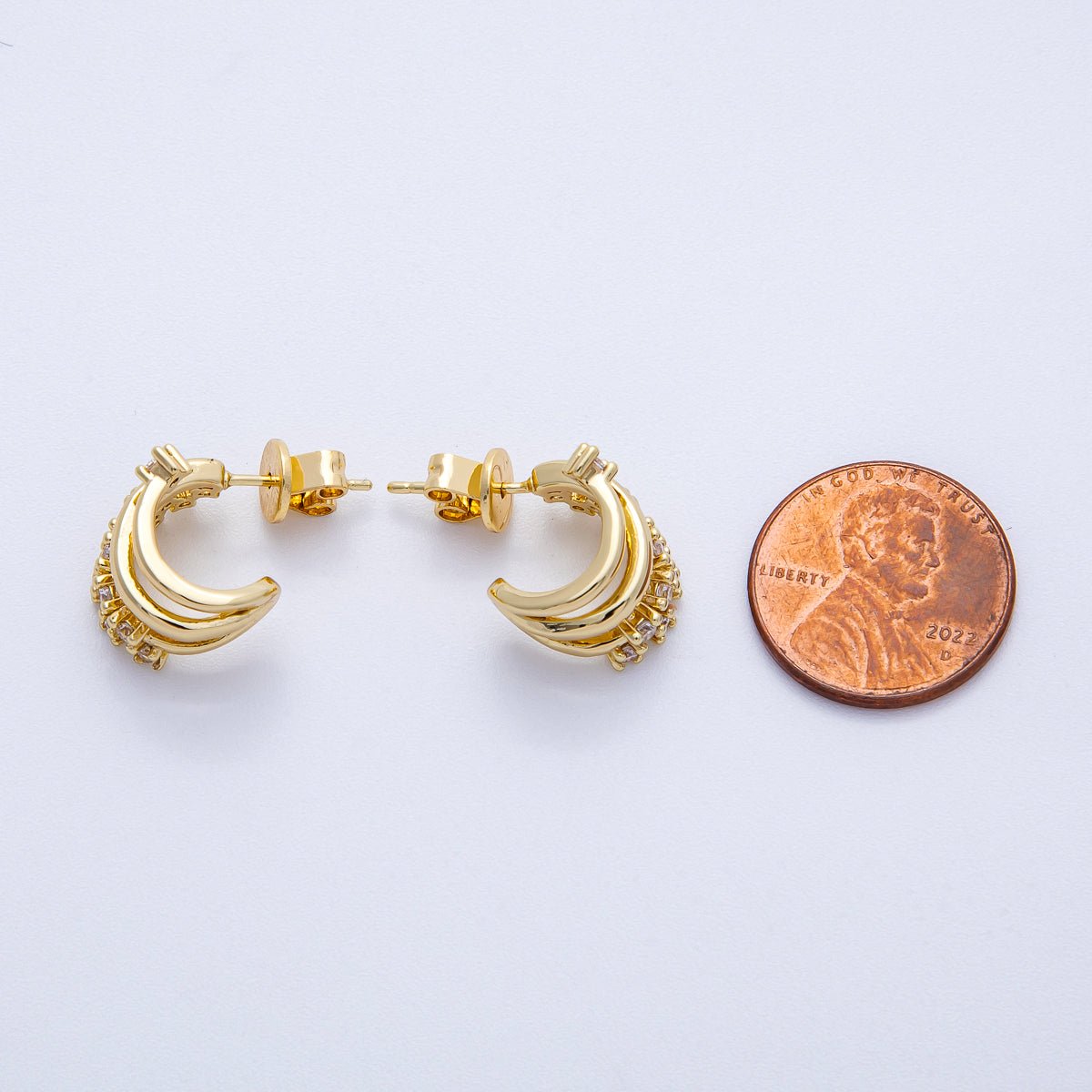 16K Gold Filled 21mm Clear CZ Cluster Triple Band Claw C - Shaped Hoop | Earrings - 00224 - DLUXCA