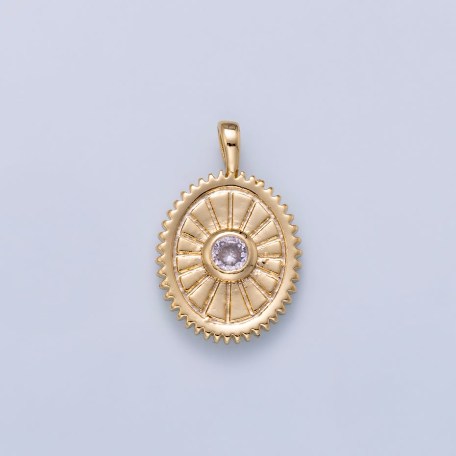 16K Gold Filled 21mm Clear CZ Geometric Lined Textured Oval Pendant | Charms-01046 - DLUXCA