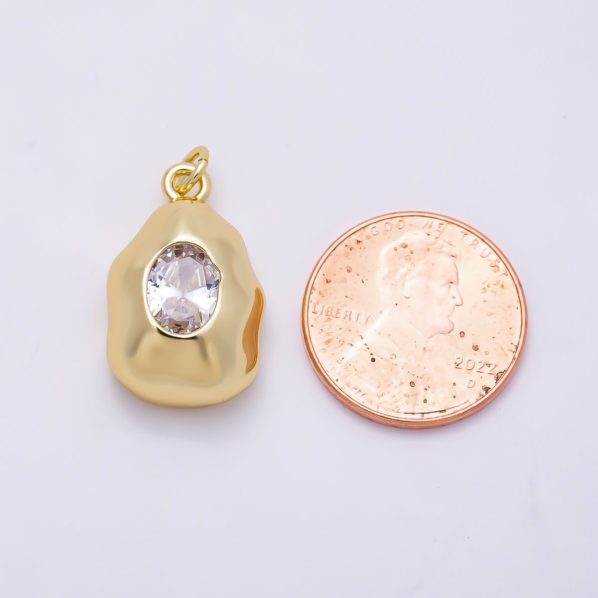 16K Gold Filled 21mm Clear CZ Oval Geometric Molten Bezel Chubby Charm | Charms-01359 - DLUXCA