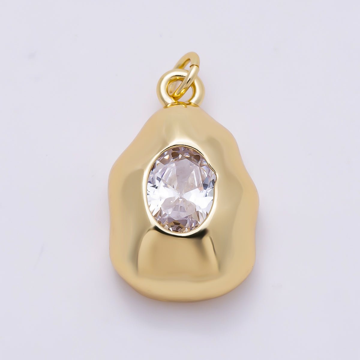 16K Gold Filled 21mm Clear CZ Oval Geometric Molten Bezel Chubby Charm | Charms-01359 - DLUXCA