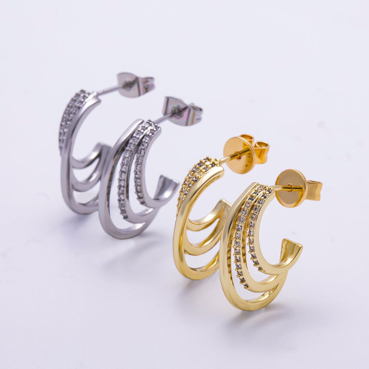 16K Gold Filled 21mm Micro Paved CZ Claw J - Shaped Hoop Earrings in Gold & Silver | Earrings - 00337 Earrings - 00338 - DLUXCA