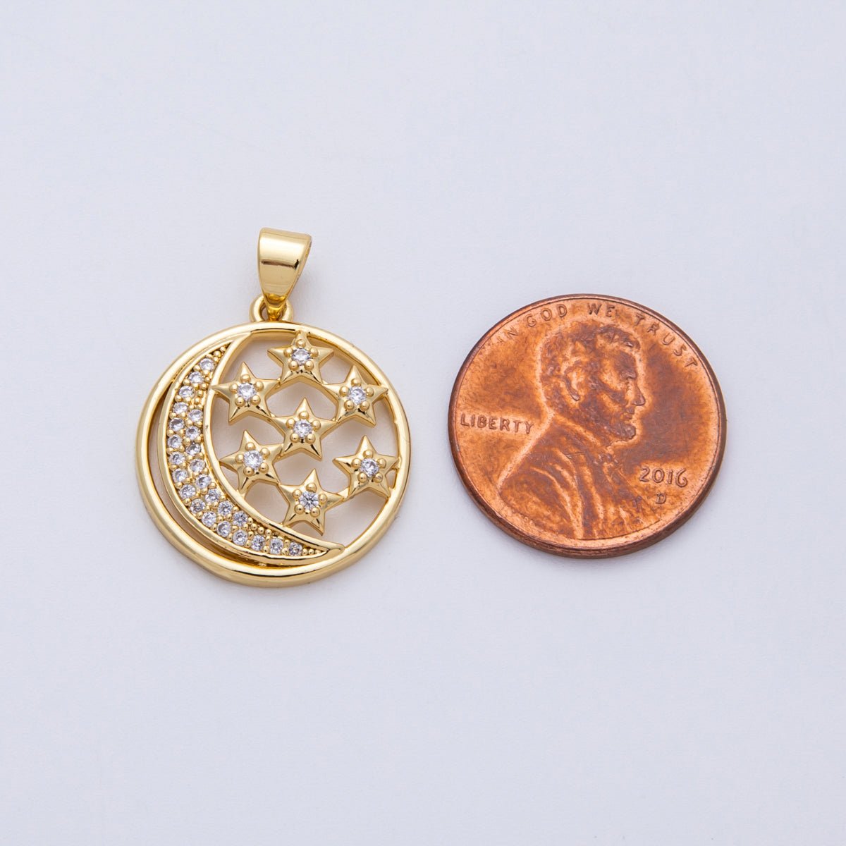 16K Gold Filled 21mm Micro Paved CZ Open Celestial Crescent Moon Star Round Pendant | Charms - 00183 - DLUXCA