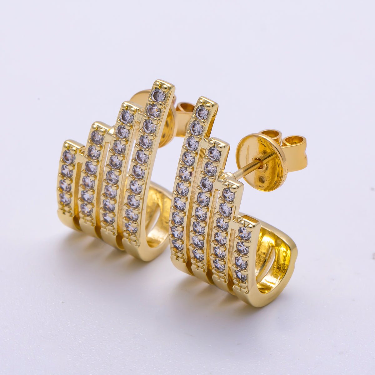 16K Gold Filled 21mm Micro Paved CZ Wide Claw J - Shaped Hoop Earrings in Gold & Silver | Earrings - 00335 Earrings - 00336 - DLUXCA