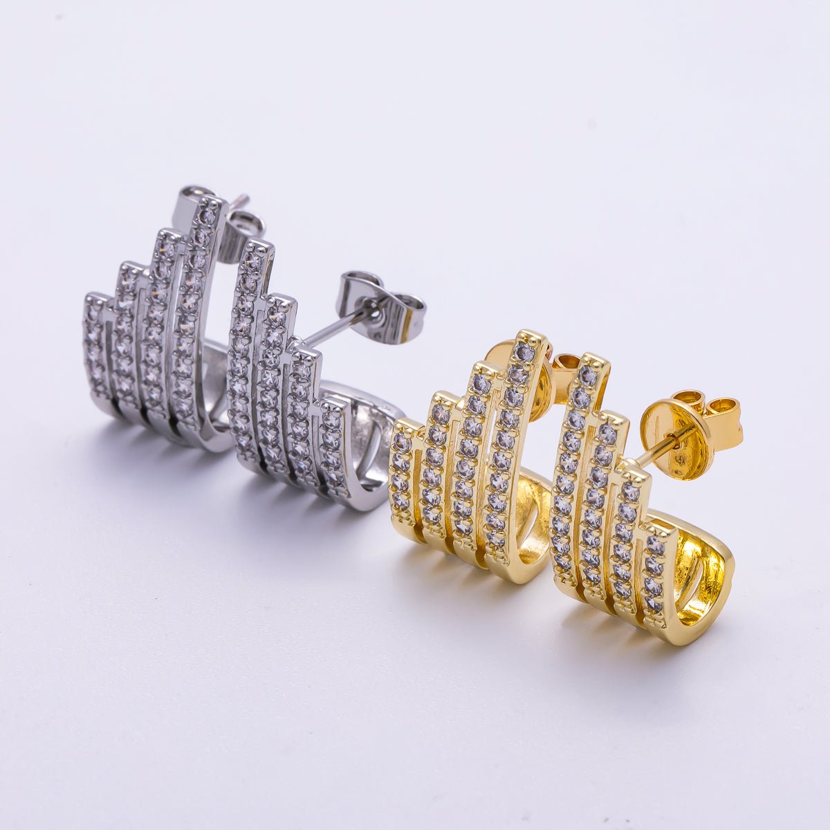 16K Gold Filled 21mm Micro Paved CZ Wide Claw J - Shaped Hoop Earrings in Gold & Silver | Earrings - 00335 Earrings - 00336 - DLUXCA