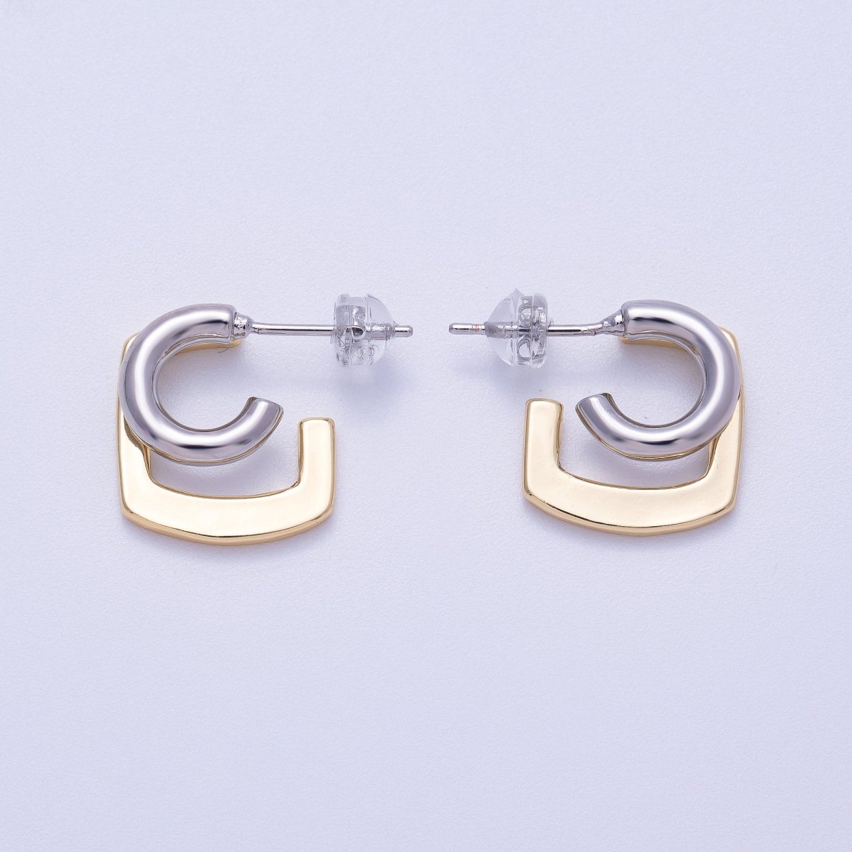 16K Gold Filled 21mm Mixed Metal Double Geometric C - Shaped Hoop Earrings | Earrings - 00321 - DLUXCA