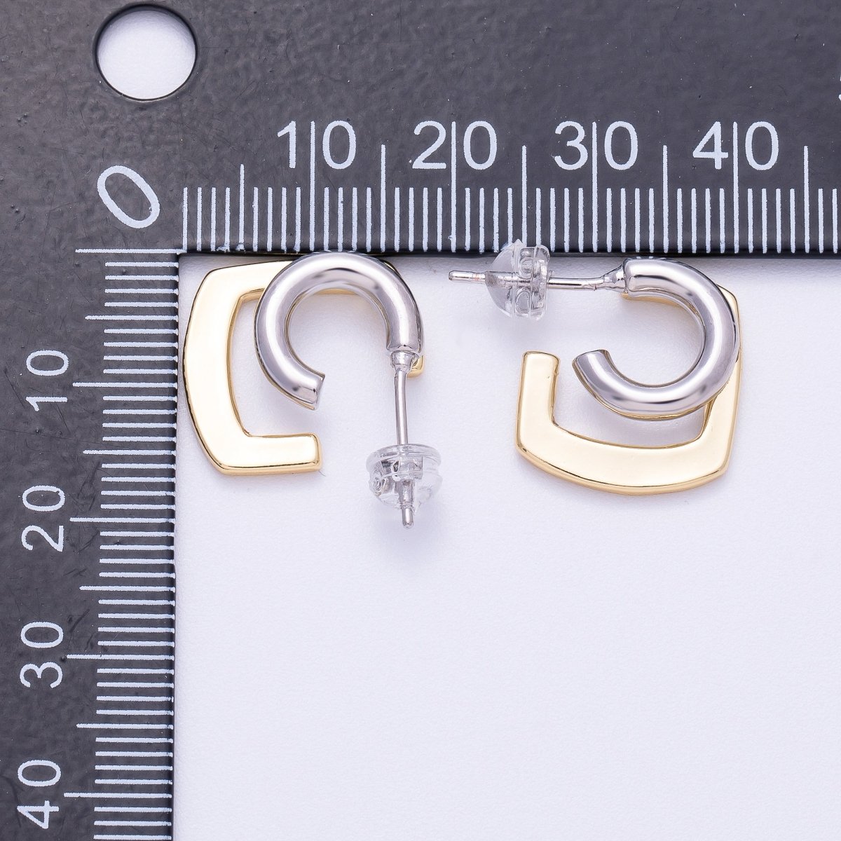 16K Gold Filled 21mm Mixed Metal Double Geometric C - Shaped Hoop Earrings | Earrings - 00321 - DLUXCA