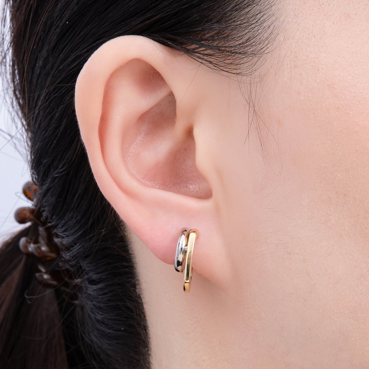 16K Gold Filled 21mm Mixed Metal Double Geometric C - Shaped Hoop Earrings | Earrings - 00321 - DLUXCA