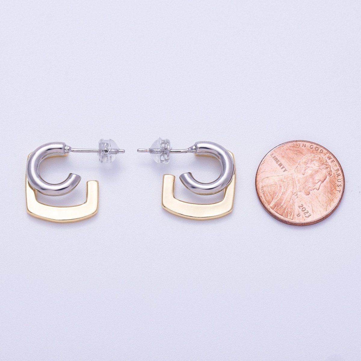 16K Gold Filled 21mm Mixed Metal Double Geometric C - Shaped Hoop Earrings | Earrings - 00321 - DLUXCA