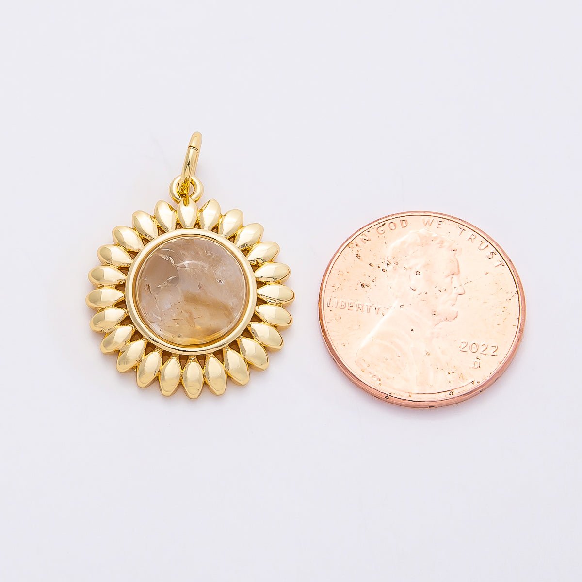 16K Gold Filled 21mm Moonstone Cabochon Gemstone Sunflower Charm | Charms - 00765 - DLUXCA