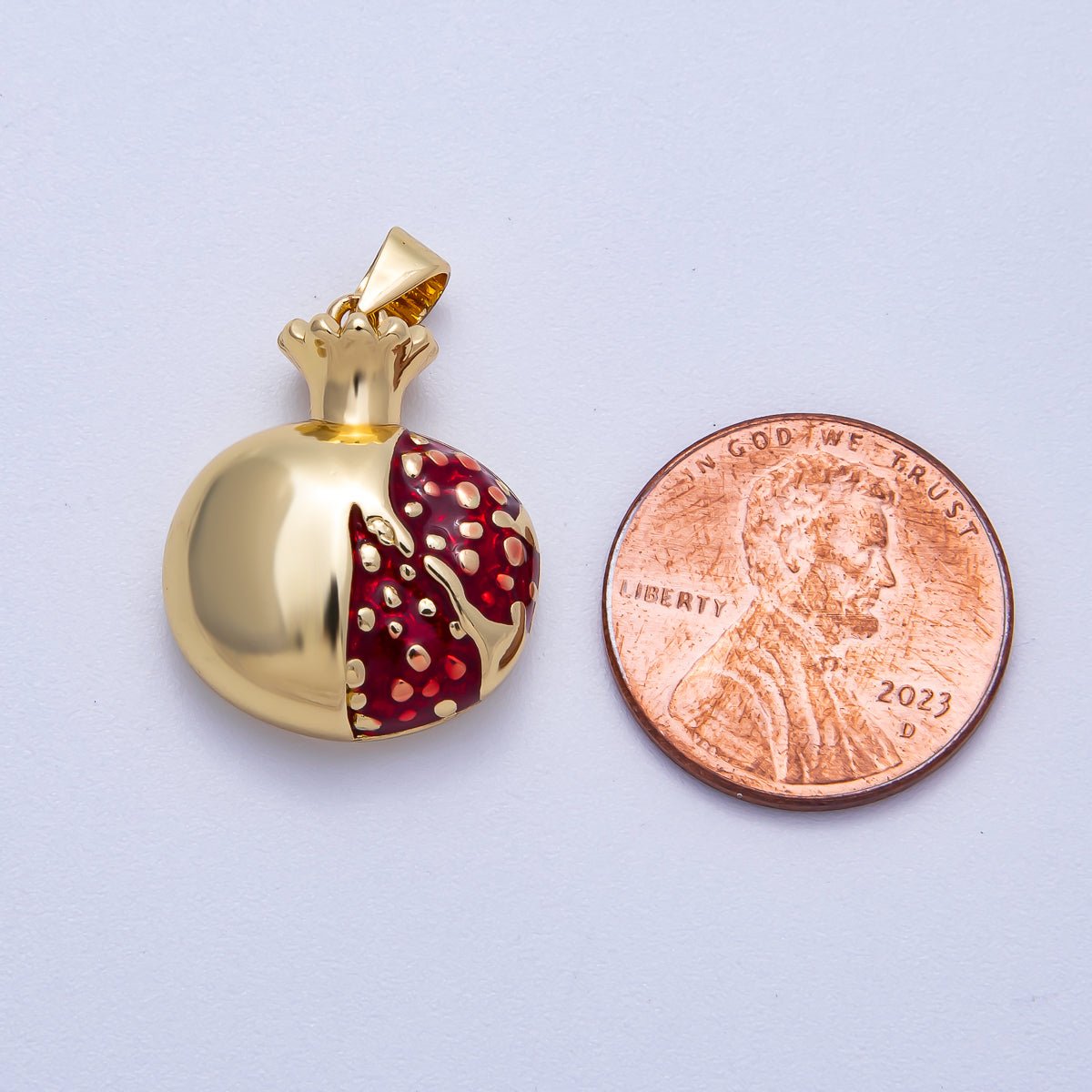16K Gold Filled 21mm Red Enamel Pomegranate Fruit Pendant | Charms - 00621 - DLUXCA