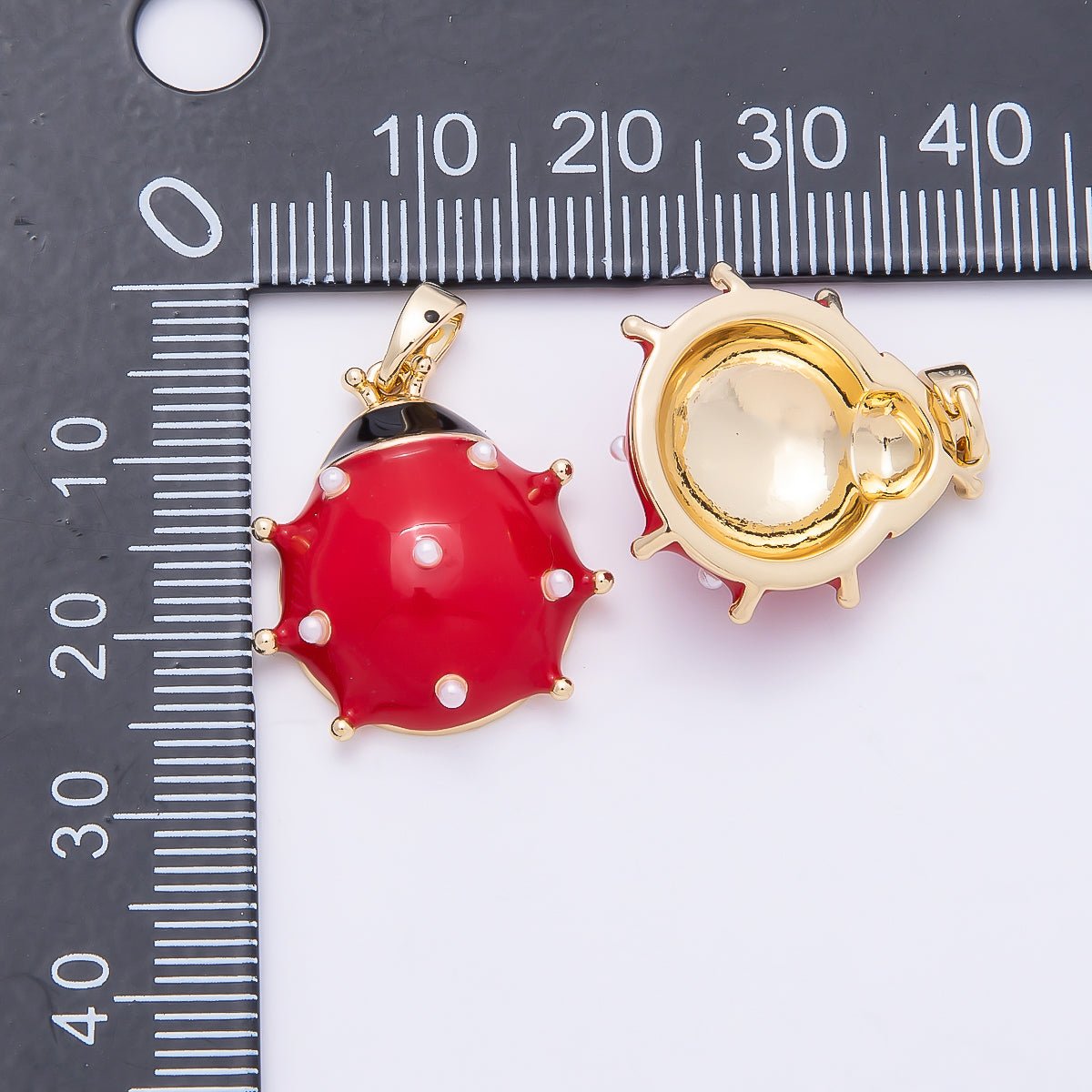 16K Gold Filled 21mm Red Enamel Shell Pearl Dotted Lady Bug Insect Animal Pendant | Charms-01038 - DLUXCA