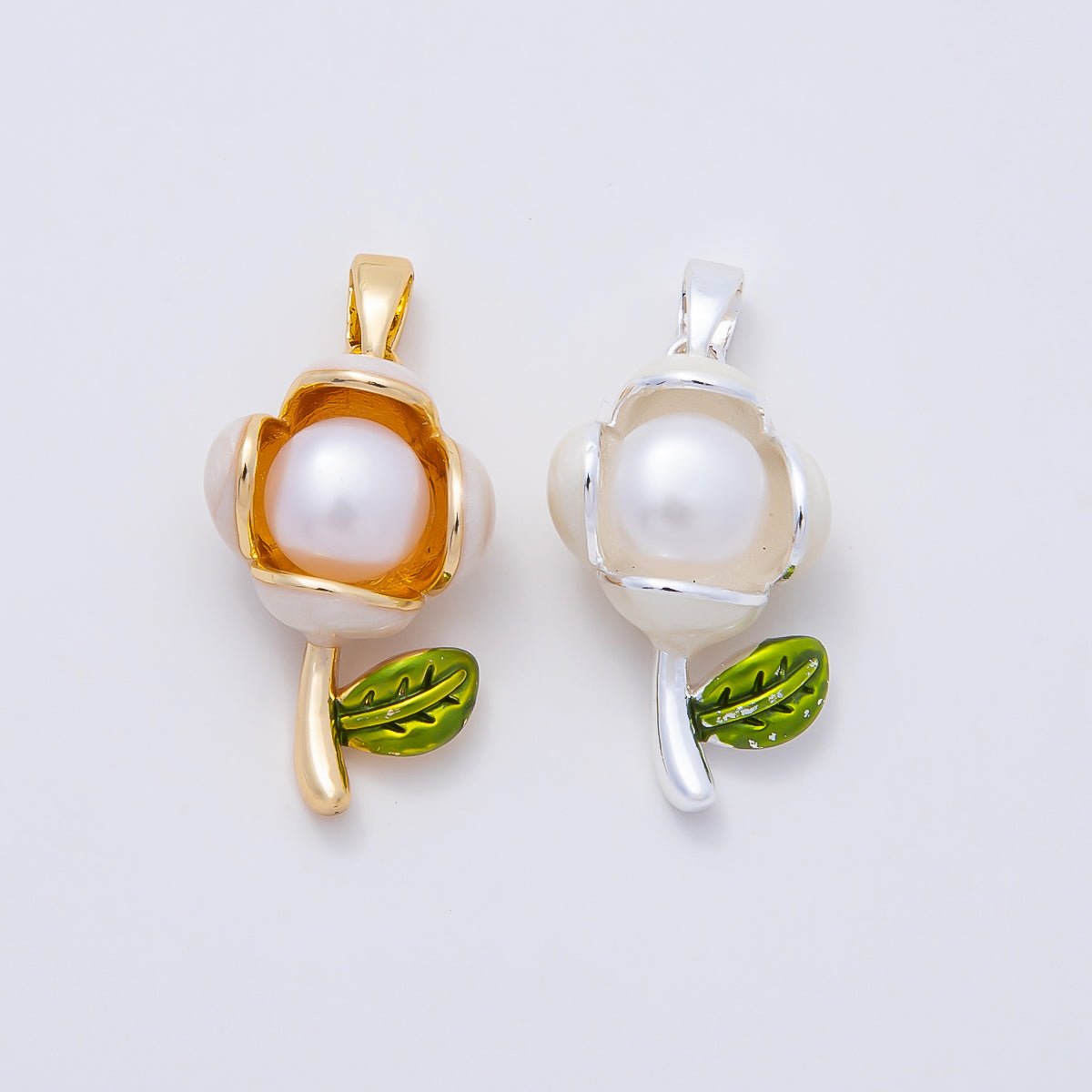 16K Gold Filled 21mm Shell Pearl Enamel Flower Pendant in Gold & Silver | Charms-00977 Charms-00978 - DLUXCA