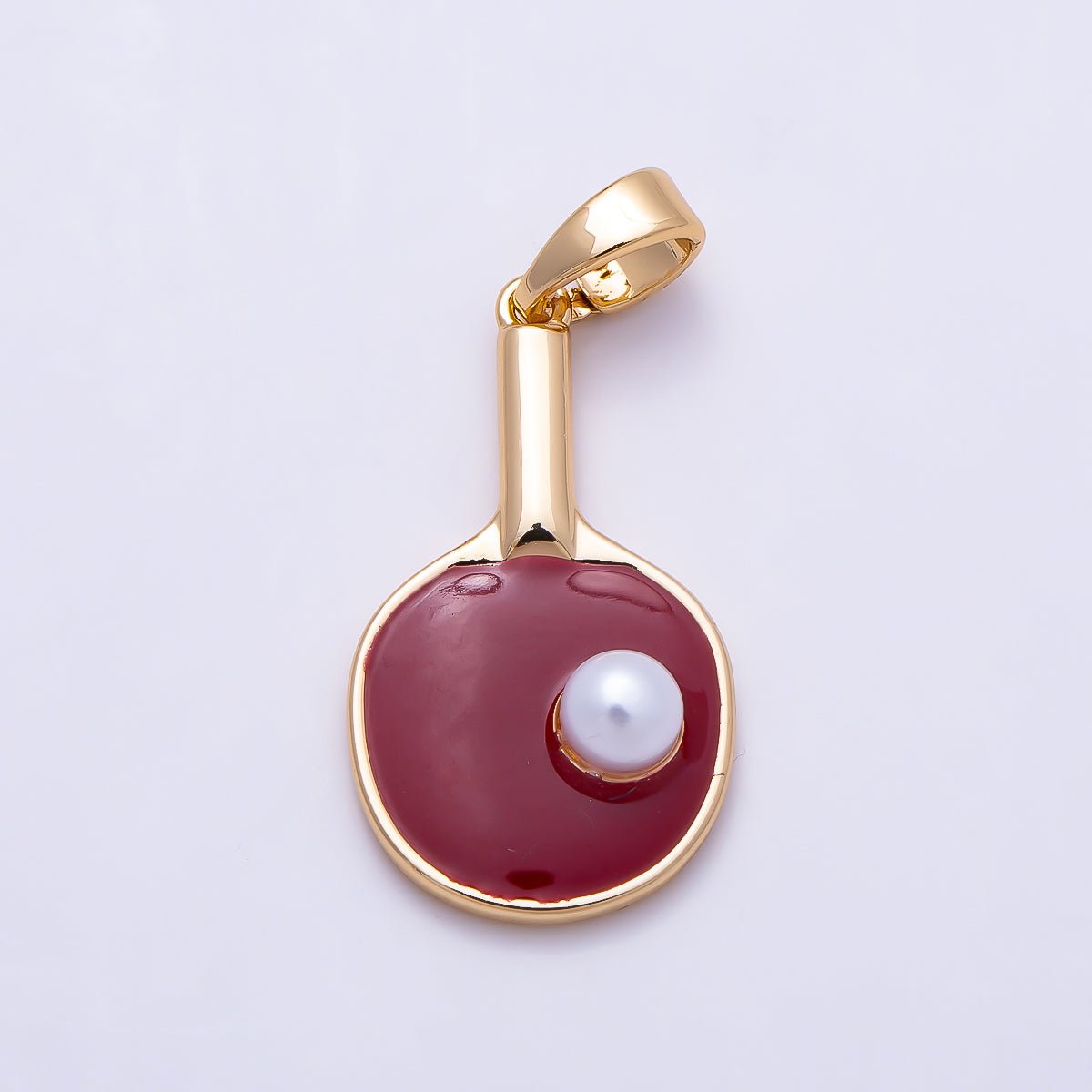 16K Gold Filled 21mm Shell Pearl Red Ping Pong Pickle Ball Paddle Sport Pendant | Charms-01586 - DLUXCA