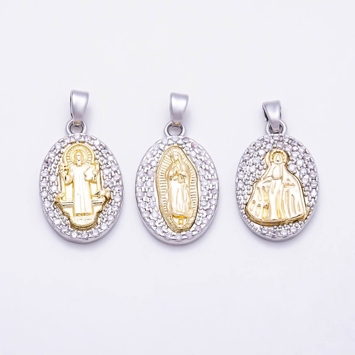 16K Gold Filled 21mm St. Jude, St. Benedict, Guadalupe Mixed Metal Textured Religious Oval Pendant | Charms-02011 ~ Charms-02017 - DLUXCA
