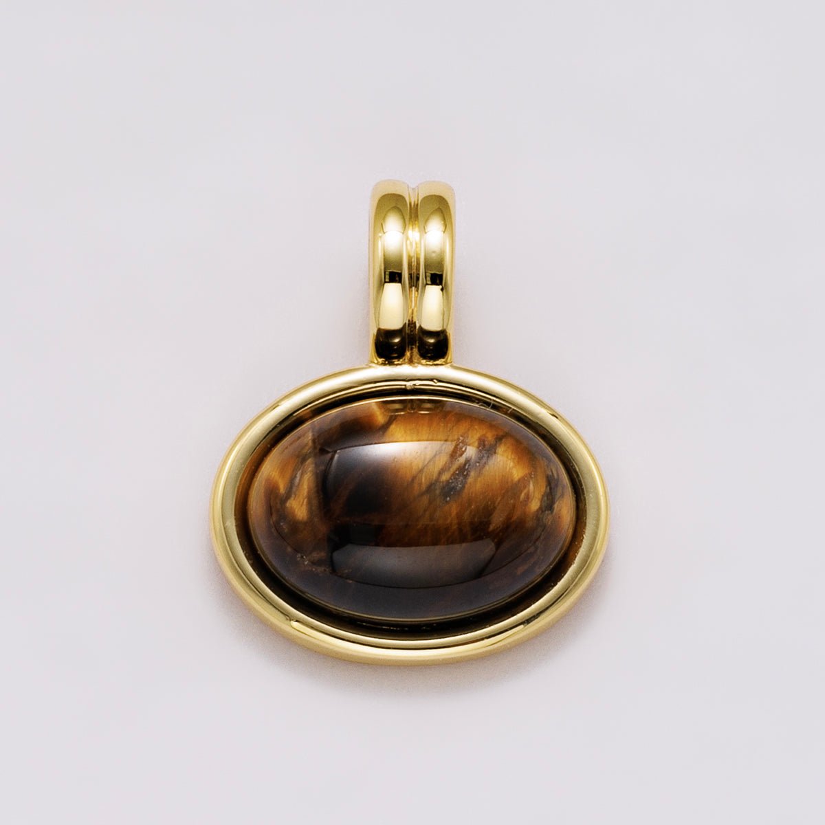 16K Gold Filled 21mm Tiger Eye Cabochon Natural Gemstone Oval Bezel Pendant | Charms - 00548 - DLUXCA