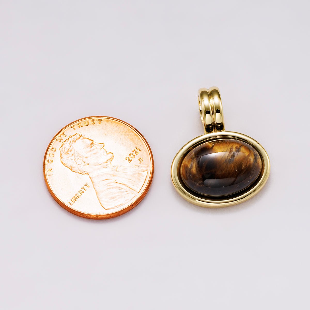 16K Gold Filled 21mm Tiger Eye Cabochon Natural Gemstone Oval Bezel Pendant | Charms - 00548 - DLUXCA