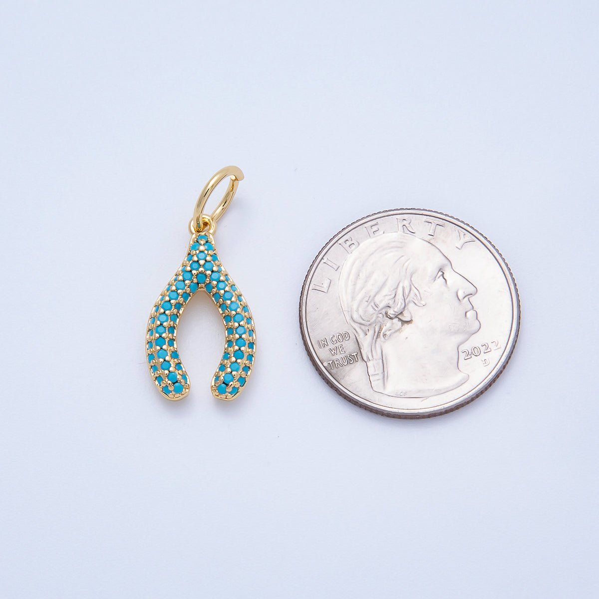 16K Gold Filled 21mm Turquoise and Clear Micro Paved CZ Wishbone Lucky Charm | Charms - 00659 - Charms - 00660 - DLUXCA