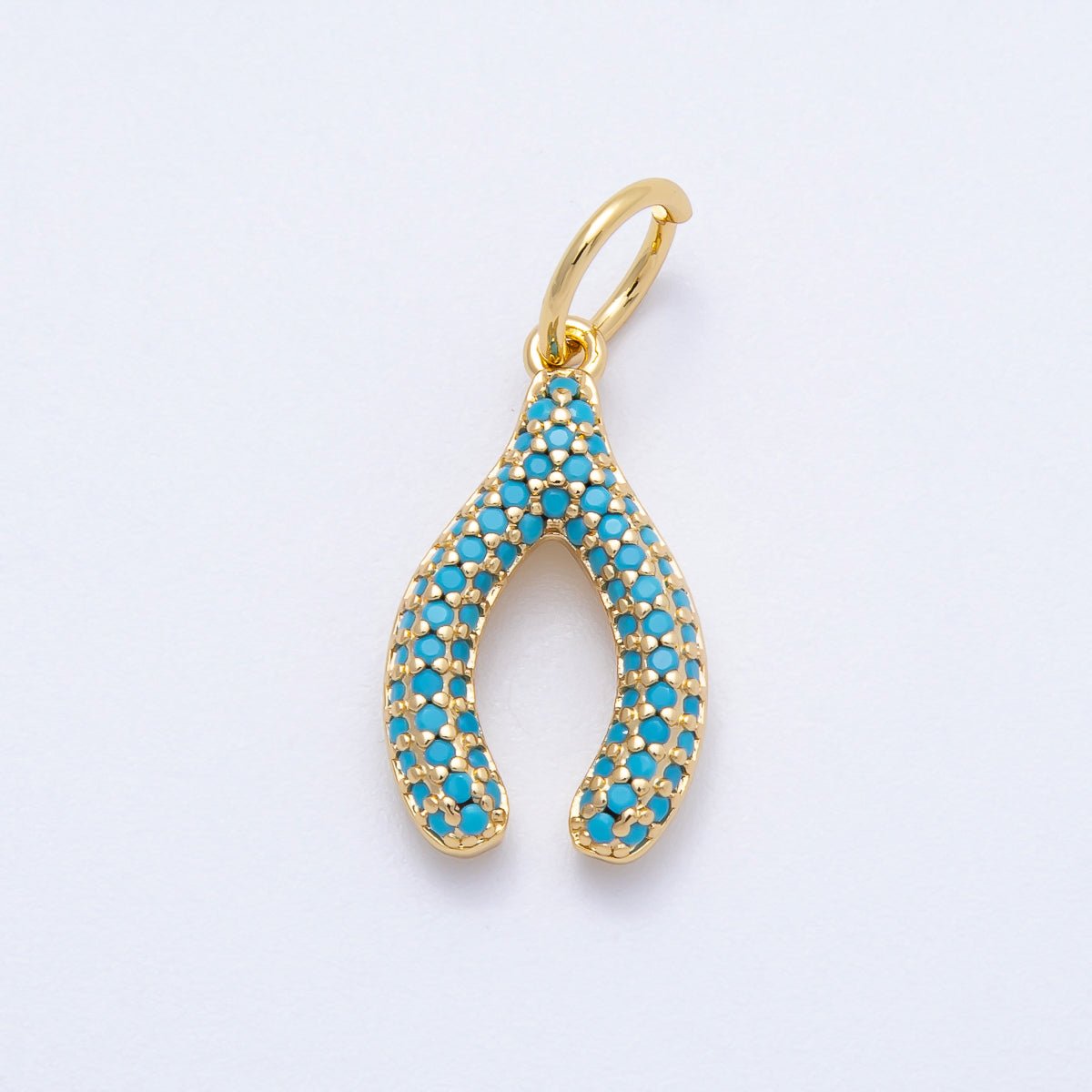 16K Gold Filled 21mm Turquoise and Clear Micro Paved CZ Wishbone Lucky Charm | Charms - 00659 - Charms - 00660 - DLUXCA
