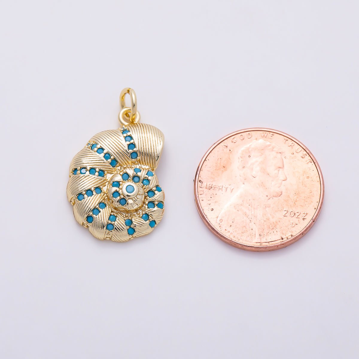 16K Gold Filled 21mm Turquoise CZ Textured Nautilus Seashell Ocean Charm | Charms-01652 - DLUXCA