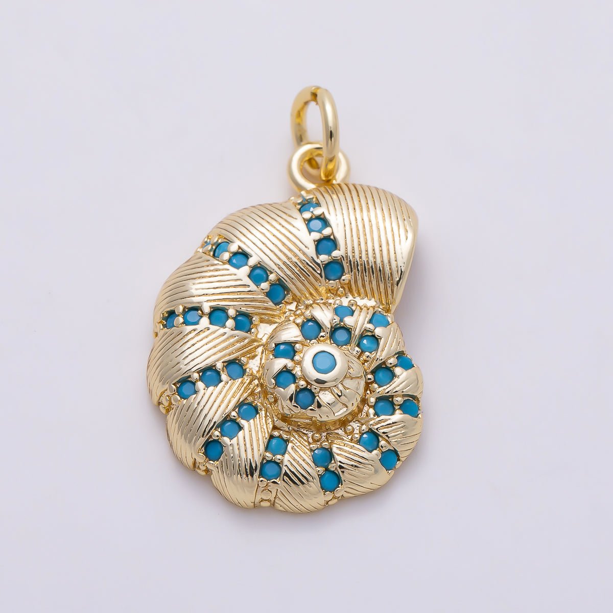 16K Gold Filled 21mm Turquoise CZ Textured Nautilus Seashell Ocean Charm | Charms-01652 - DLUXCA