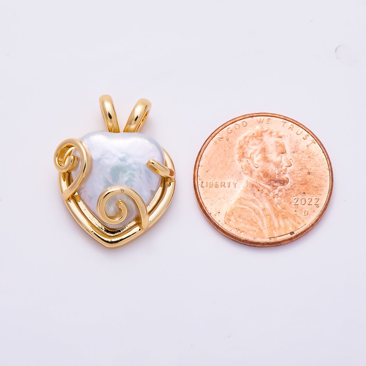 16K Gold Filled 21mm White Freshwater Pearl Swirl Wire Wrap Heart Pendant in Gold & Silver | Charms-01944 - Charms-01945 - DLUXCA