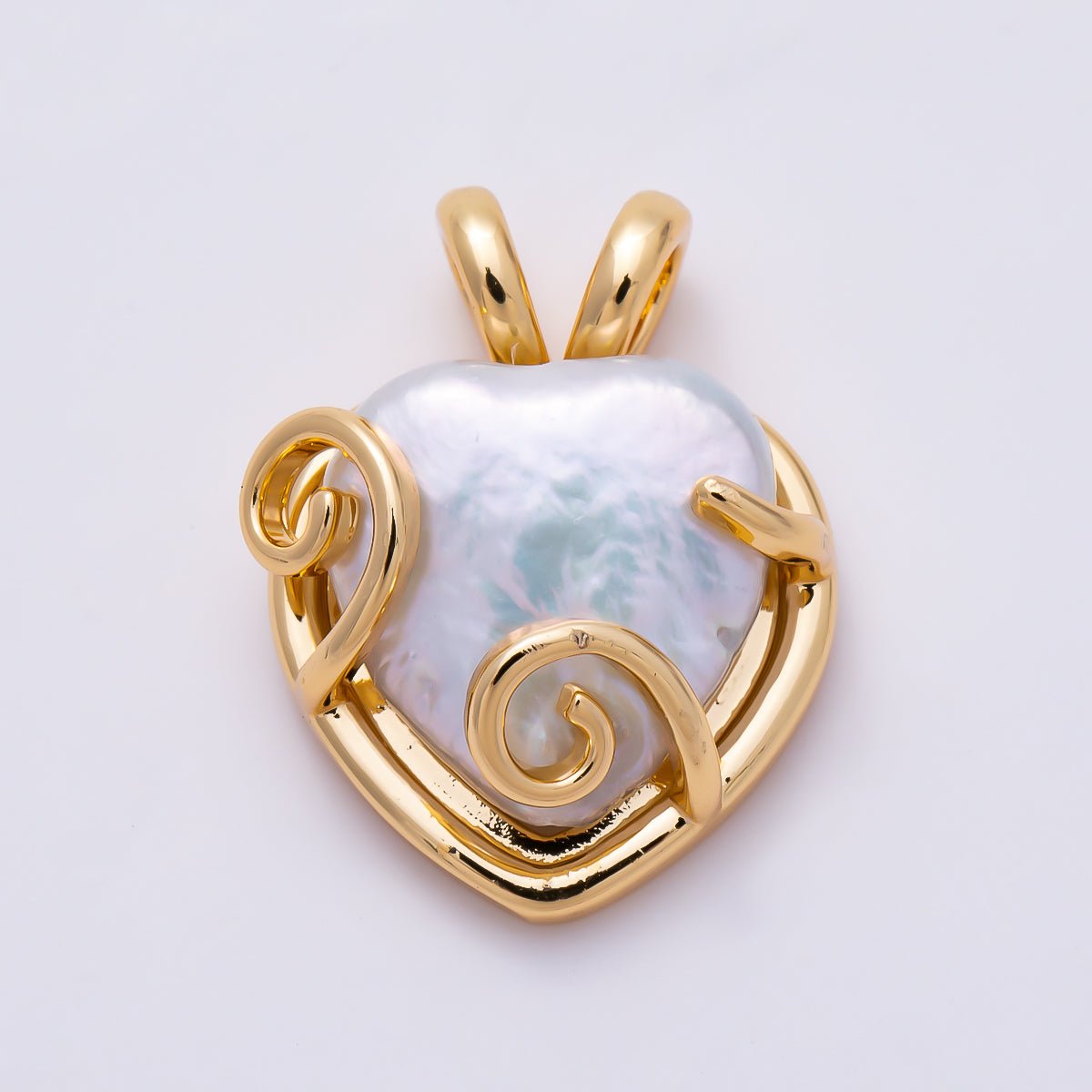 16K Gold Filled 21mm White Freshwater Pearl Swirl Wire Wrap Heart Pendant in Gold & Silver | Charms-01944 - Charms-01945 - DLUXCA