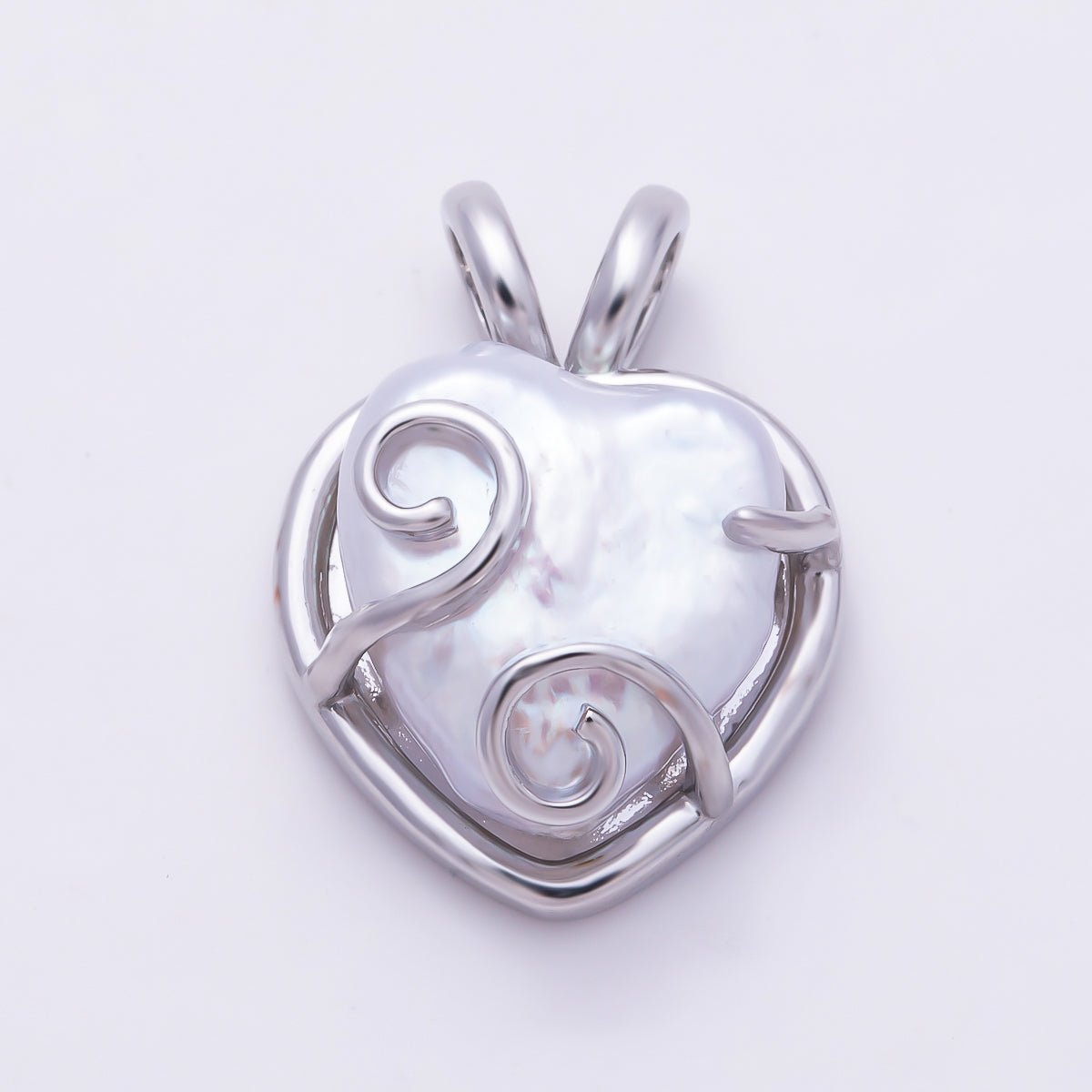 16K Gold Filled 21mm White Freshwater Pearl Swirl Wire Wrap Heart Pendant in Gold & Silver | Charms-01944 - Charms-01945 - DLUXCA