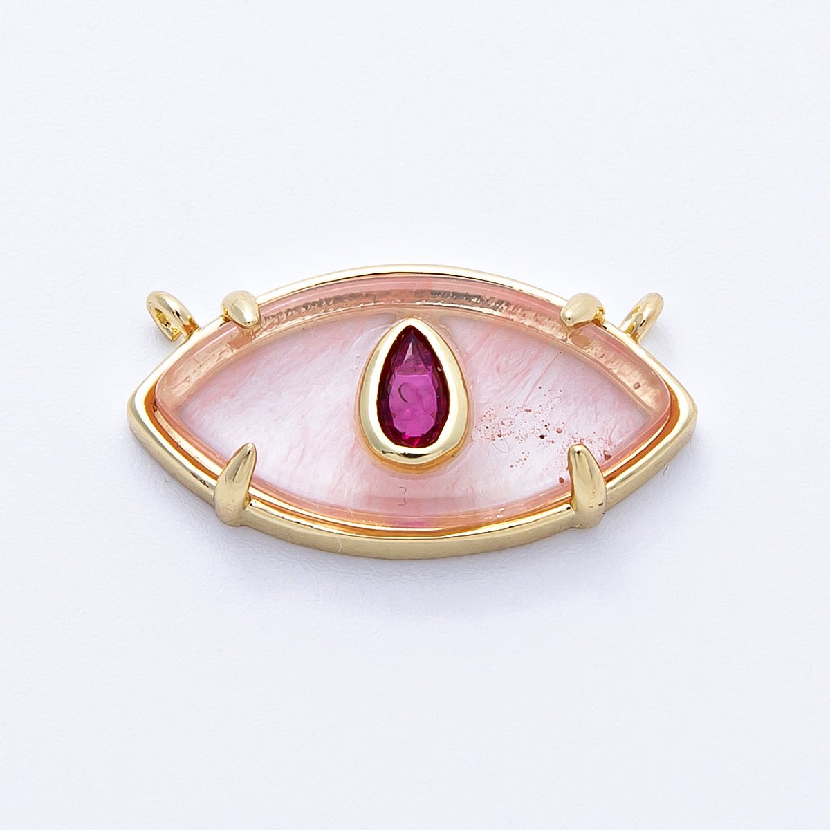 16K Gold Filled 22.5mm Aquamarine, Pink Quartz Fuchsia CZ Evil Eye Connector | Connectors - 00009 Connectors - 00010 - DLUXCA