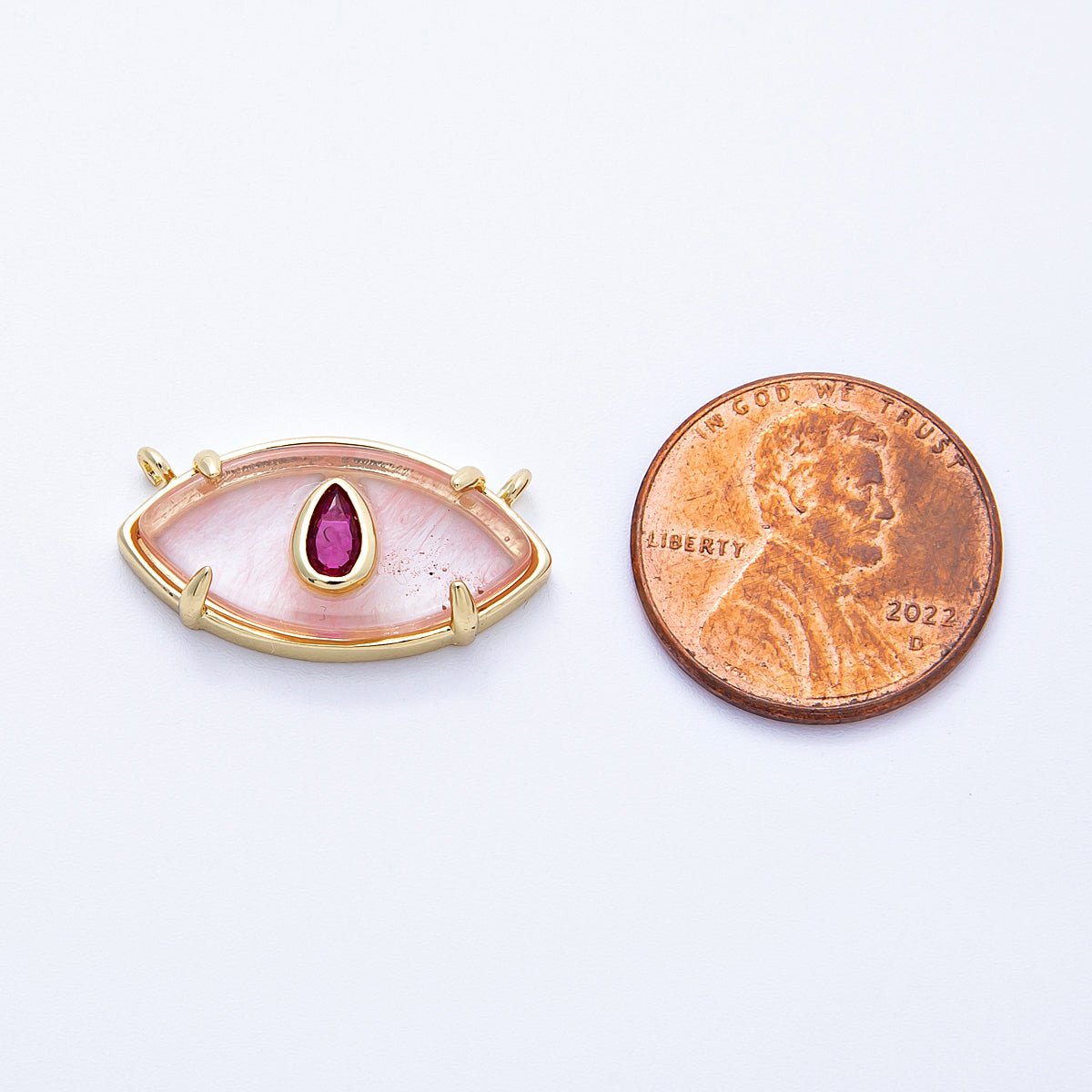 16K Gold Filled 22.5mm Aquamarine, Pink Quartz Fuchsia CZ Evil Eye Connector | Connectors - 00009 Connectors - 00010 - DLUXCA