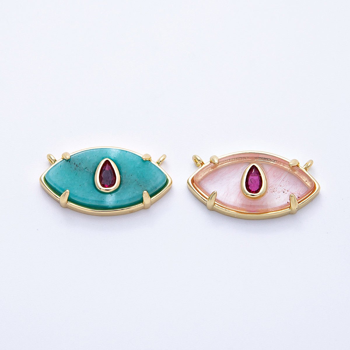 16K Gold Filled 22.5mm Aquamarine, Pink Quartz Fuchsia CZ Evil Eye Connector | Connectors - 00009 Connectors - 00010 - DLUXCA