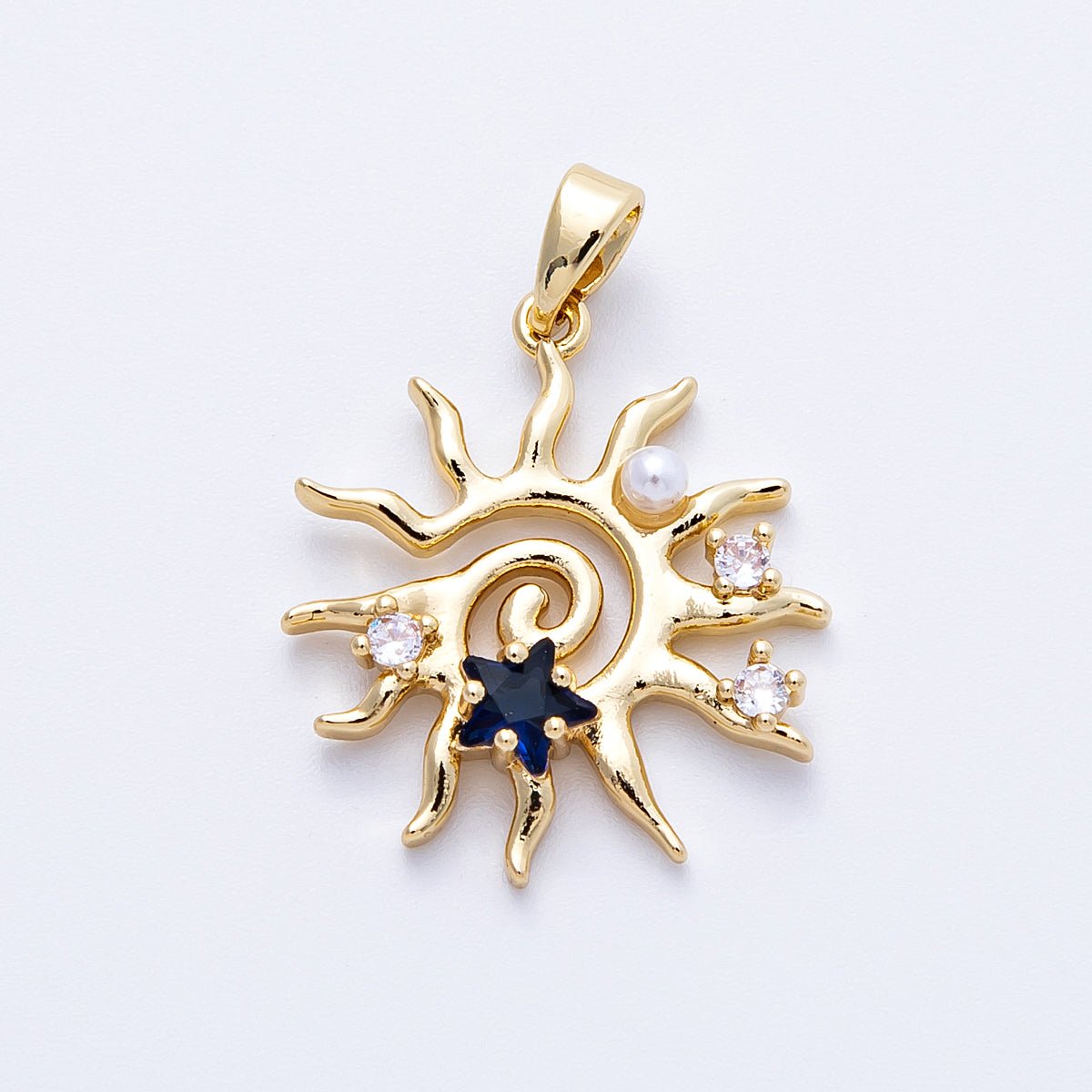 16K Gold Filled 22.5mm Blue CZ Shell Pearl Celestial Sun Pendant in Gold & Silver | Charms - 00186 Charms - 00187 - DLUXCA
