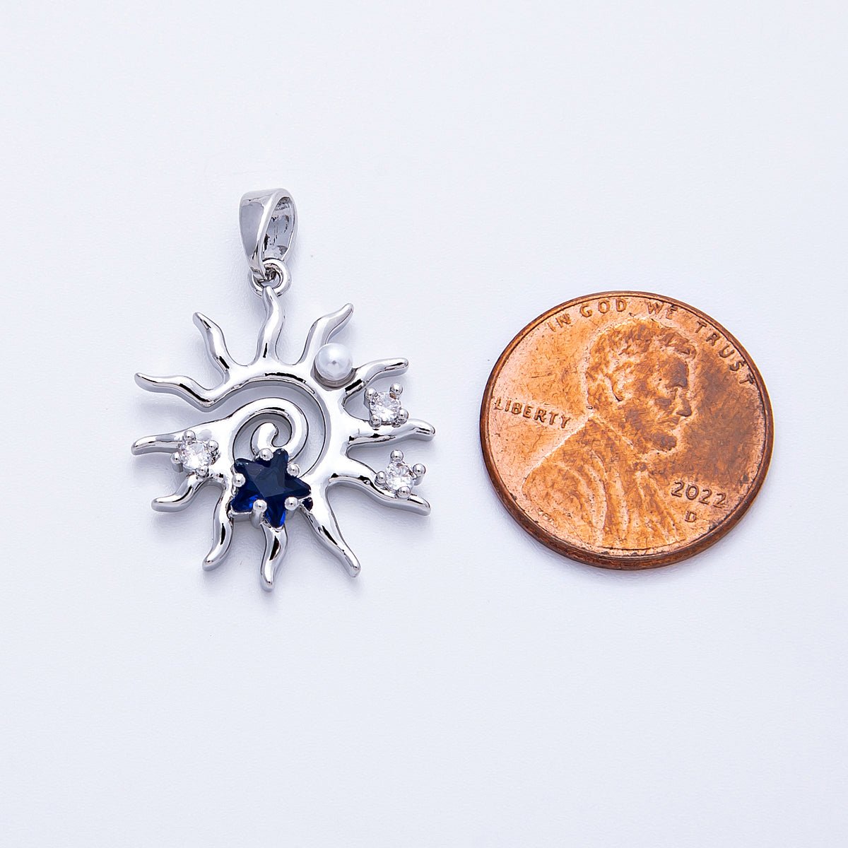 16K Gold Filled 22.5mm Blue CZ Shell Pearl Celestial Sun Pendant in Gold & Silver | Charms - 00186 Charms - 00187 - DLUXCA