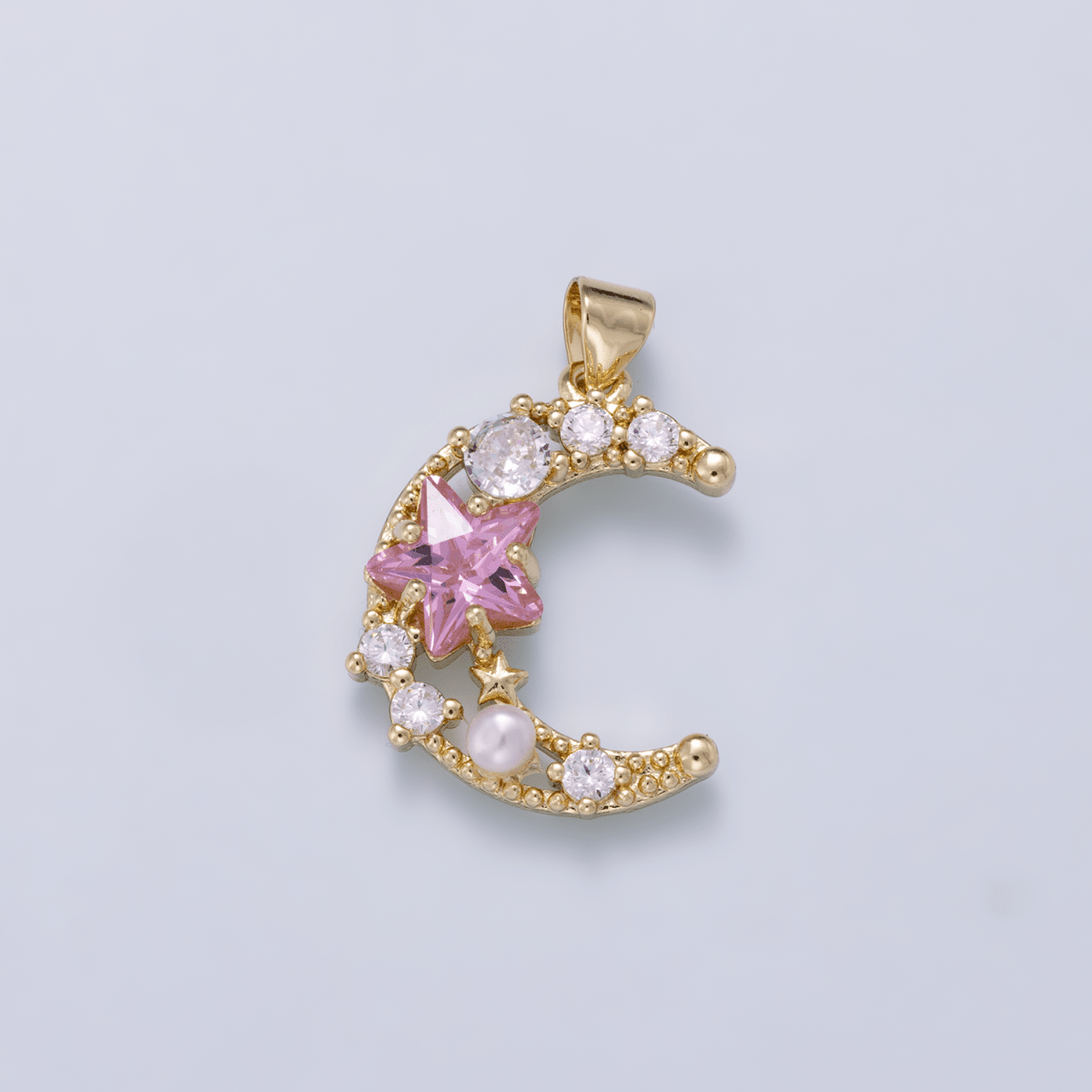 16K Gold Filled 22.5mm Pink Clear CZ Cluster Star Crescent Moon Pendant | Charms-01250 - DLUXCA