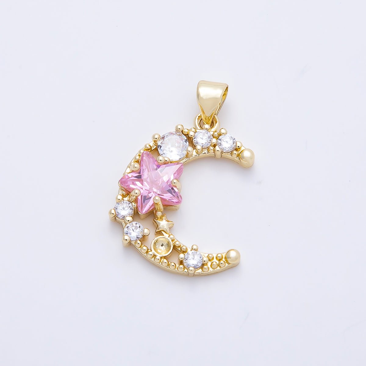 16K Gold Filled 22.5mm Pink Clear CZ Cluster Star Crescent Moon Pendant | Charms-01250 - DLUXCA