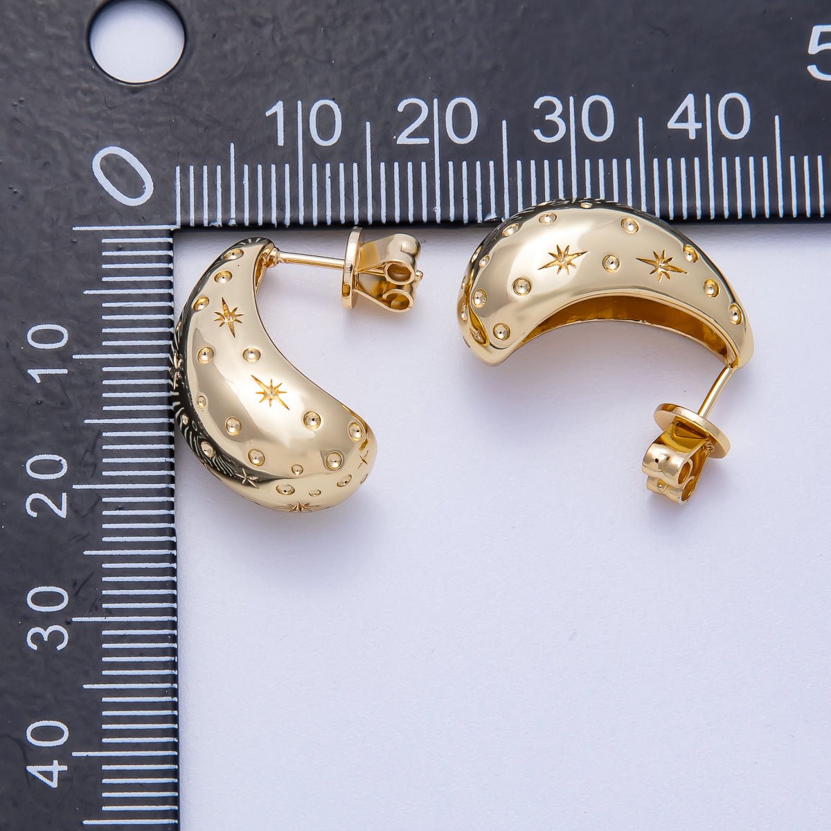 16K Gold Filled 22mm Celestial Star Dotted Textured Dome Teardrop Stud Earrings | Earrings - 00322 - DLUXCA