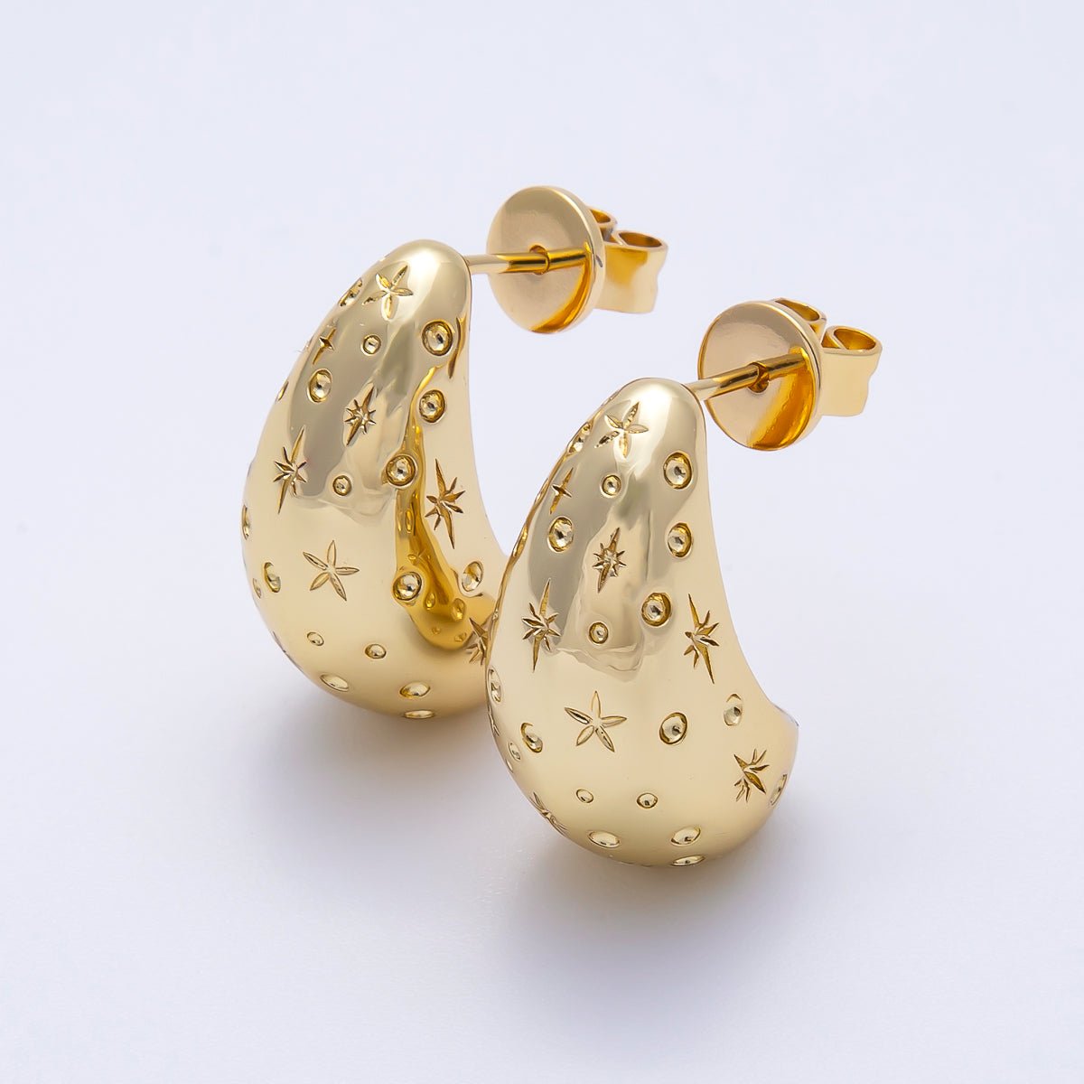 16K Gold Filled 22mm Celestial Star Dotted Textured Dome Teardrop Stud Earrings | Earrings - 00322 - DLUXCA