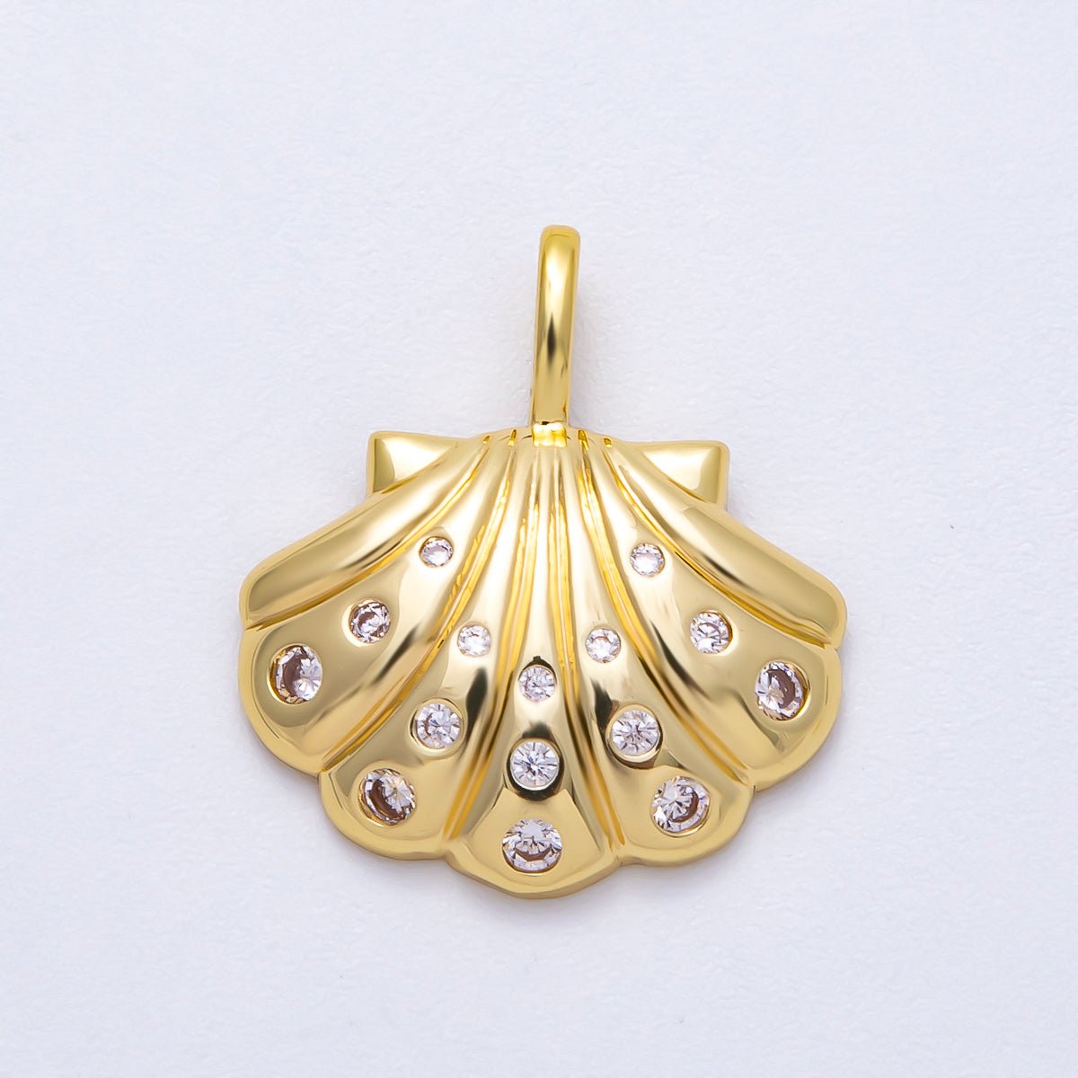 16K Gold Filled 22mm Clear CZ Dotted Clam Shell Pendant | Charms - 00575 - DLUXCA