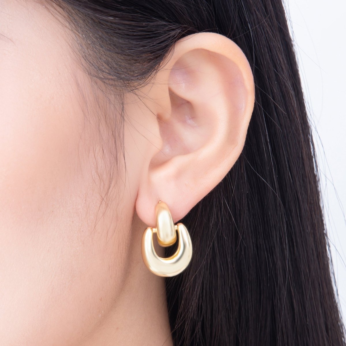 16K Gold Filled 22mm Minimalist Chubby Door Knocker Drop Stud Earrings | Earrings-00795 - DLUXCA