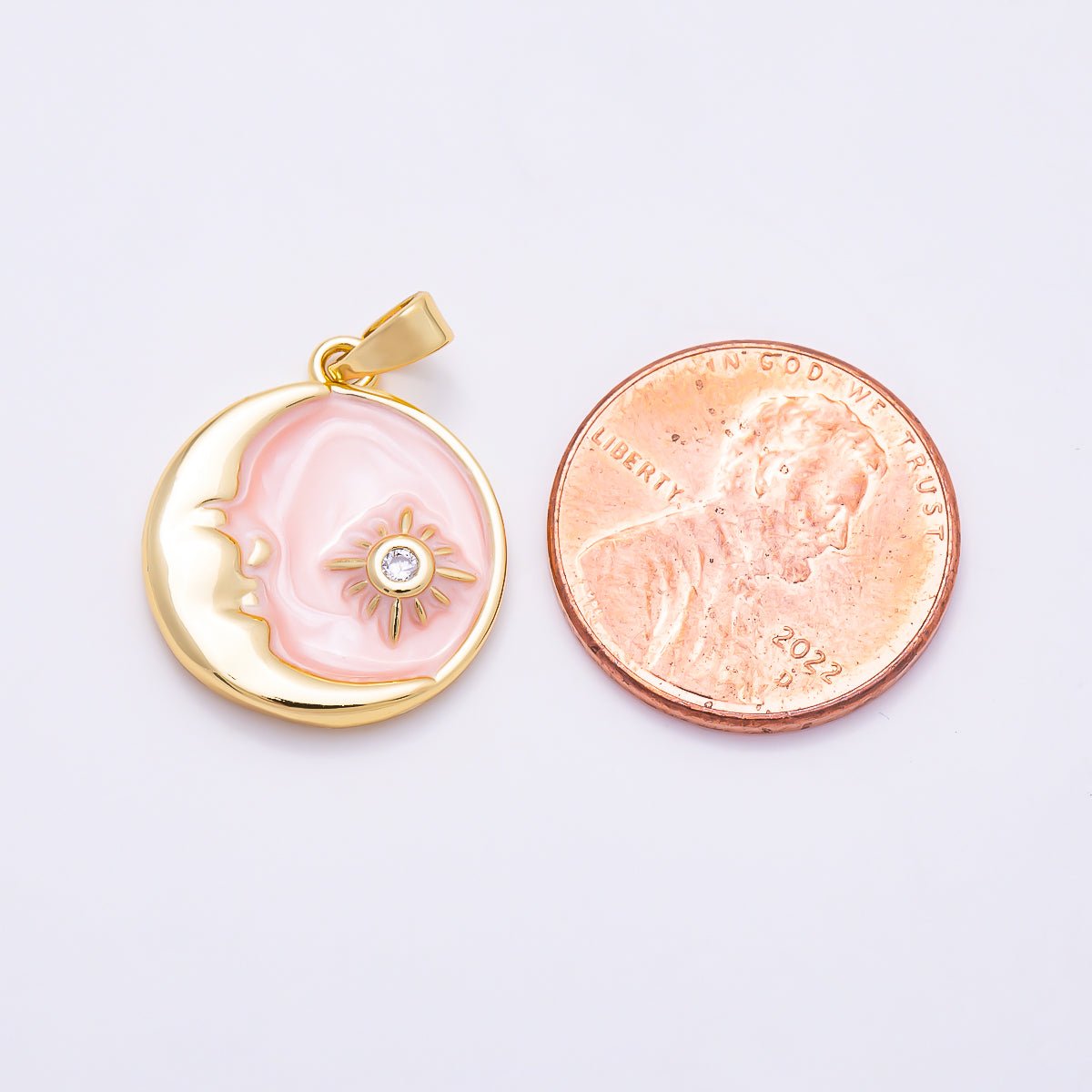 16K Gold Filled 22mm Pink Enamel Celestial Crescent Moon & North Star CZ Charm | Charms-01884 - DLUXCA