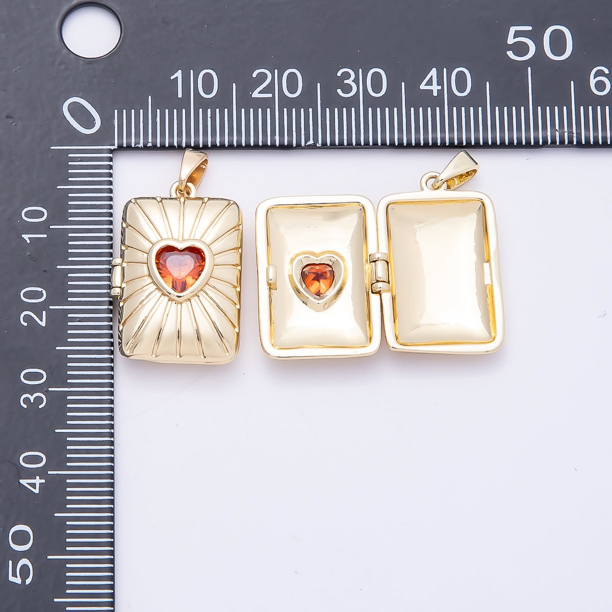 16K Gold Filled 22mm Red Heart CZ Sunburst Rectangle Locket Pendant | Charms-01035 - DLUXCA