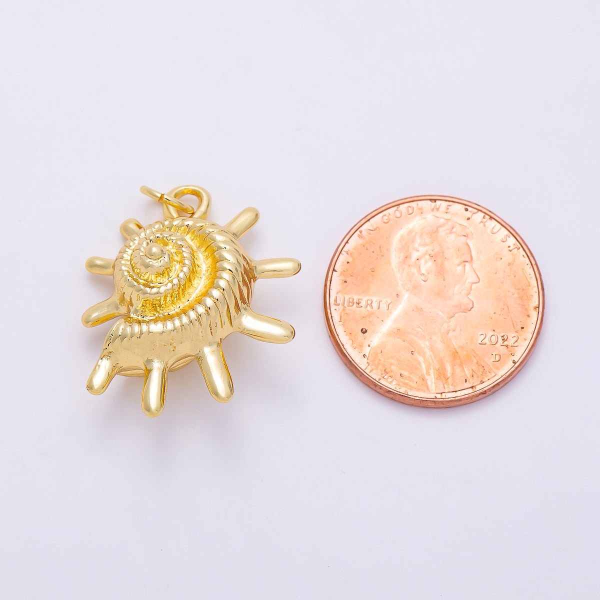 16K Gold Filled 22mm Ribbed Nautilus Seashell Sun Ray 3D Multidimensional Charm | Charms-01455 - DLUXCA