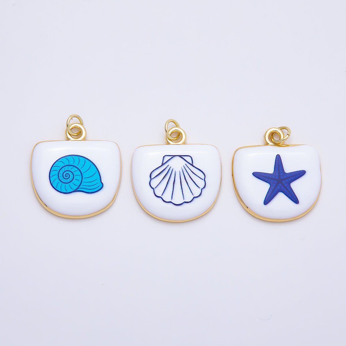 16K Gold Filled 22mm Sea Shell, Scallop, Starfish Blue White Enamel Charm | Charms-01244 ~ Charms-01246 - DLUXCA