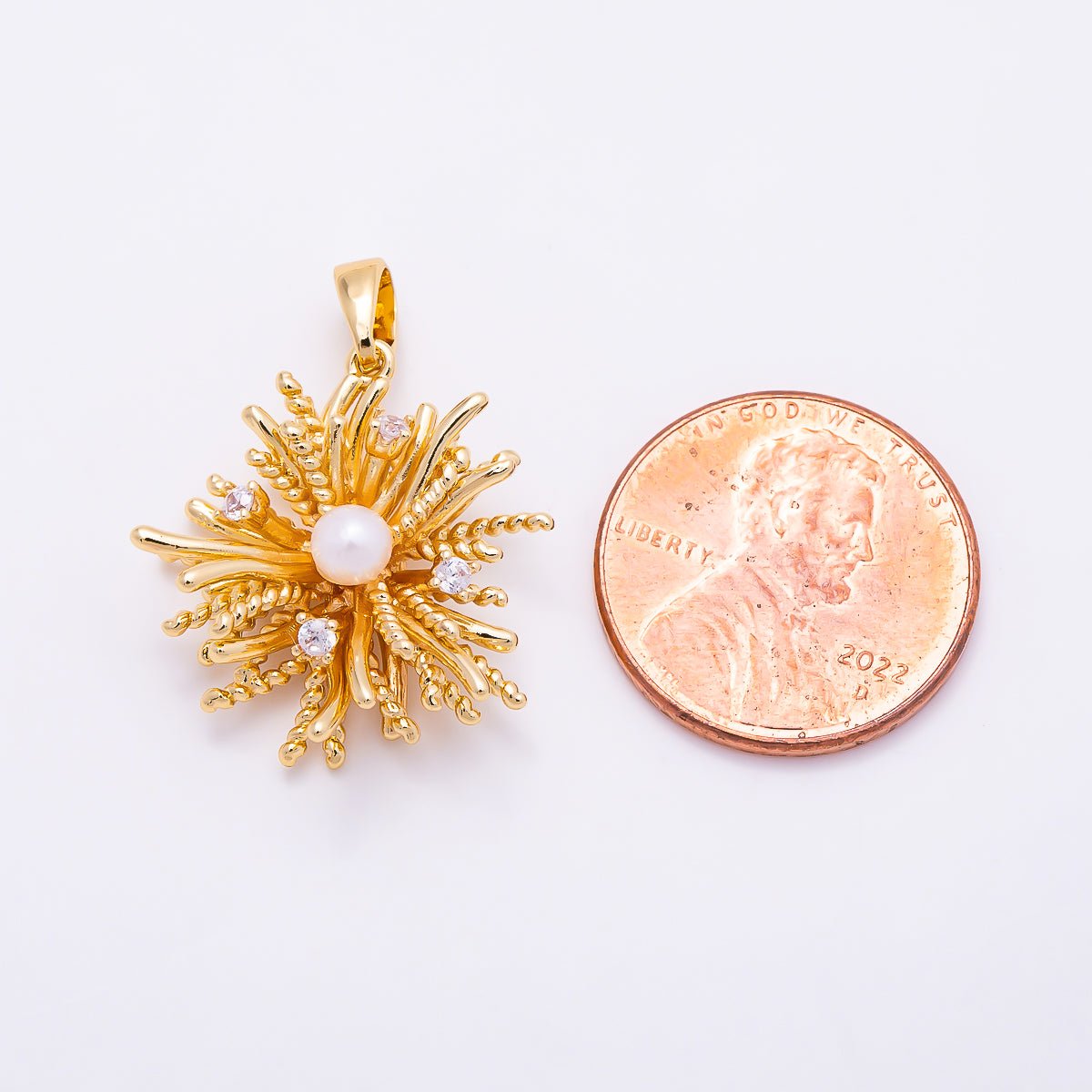 16K Gold Filled 22mm Shell Pearl Clear CZ Starburst Floral Pendant | Charms-01902 - DLUXCA