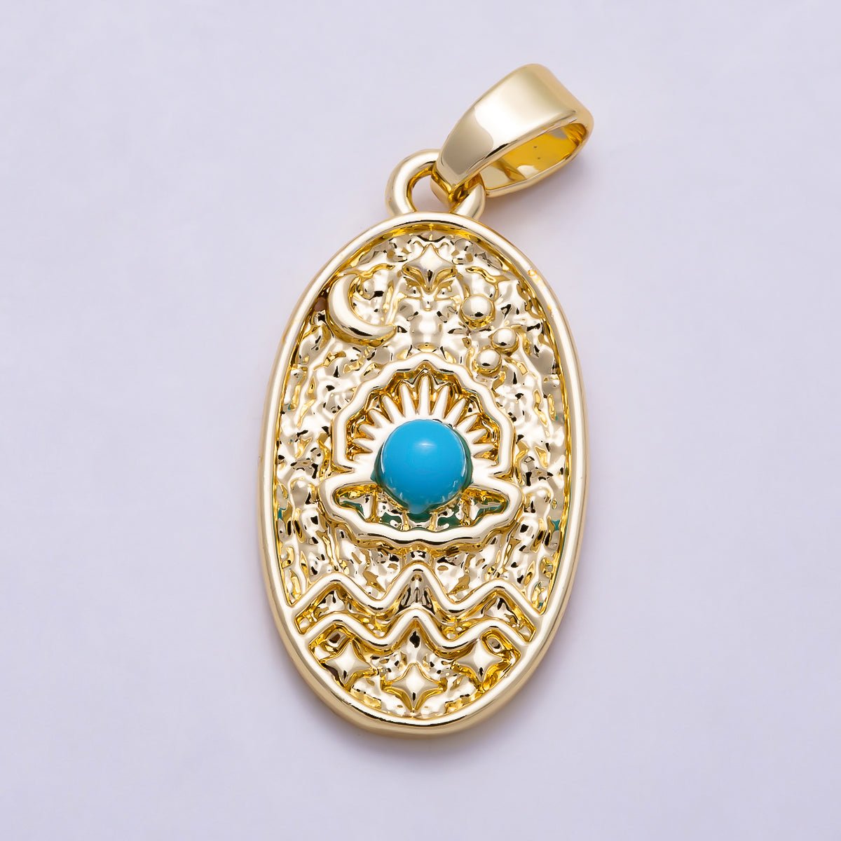 16K Gold Filled 22mm Shell Pearl, Turquoise Clam Shell Textured Oval Pendant | Charms-01991 Charms-01992 - DLUXCA