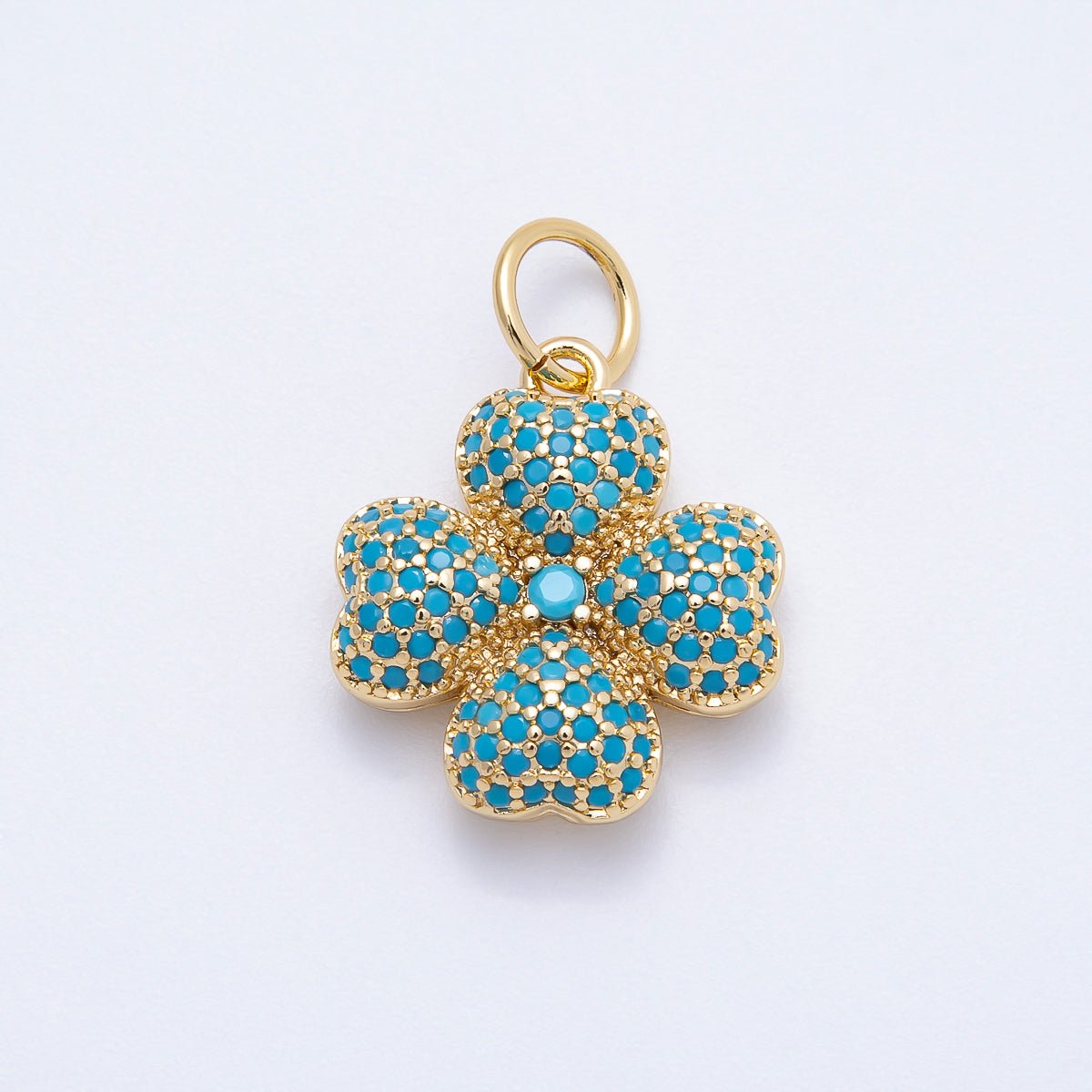 16K Gold Filled 22mm Turquoise and Clear Micro Paved CZ Leaf Clover Lucky Charm | Charms - 00661 - Charms - 00662 - DLUXCA