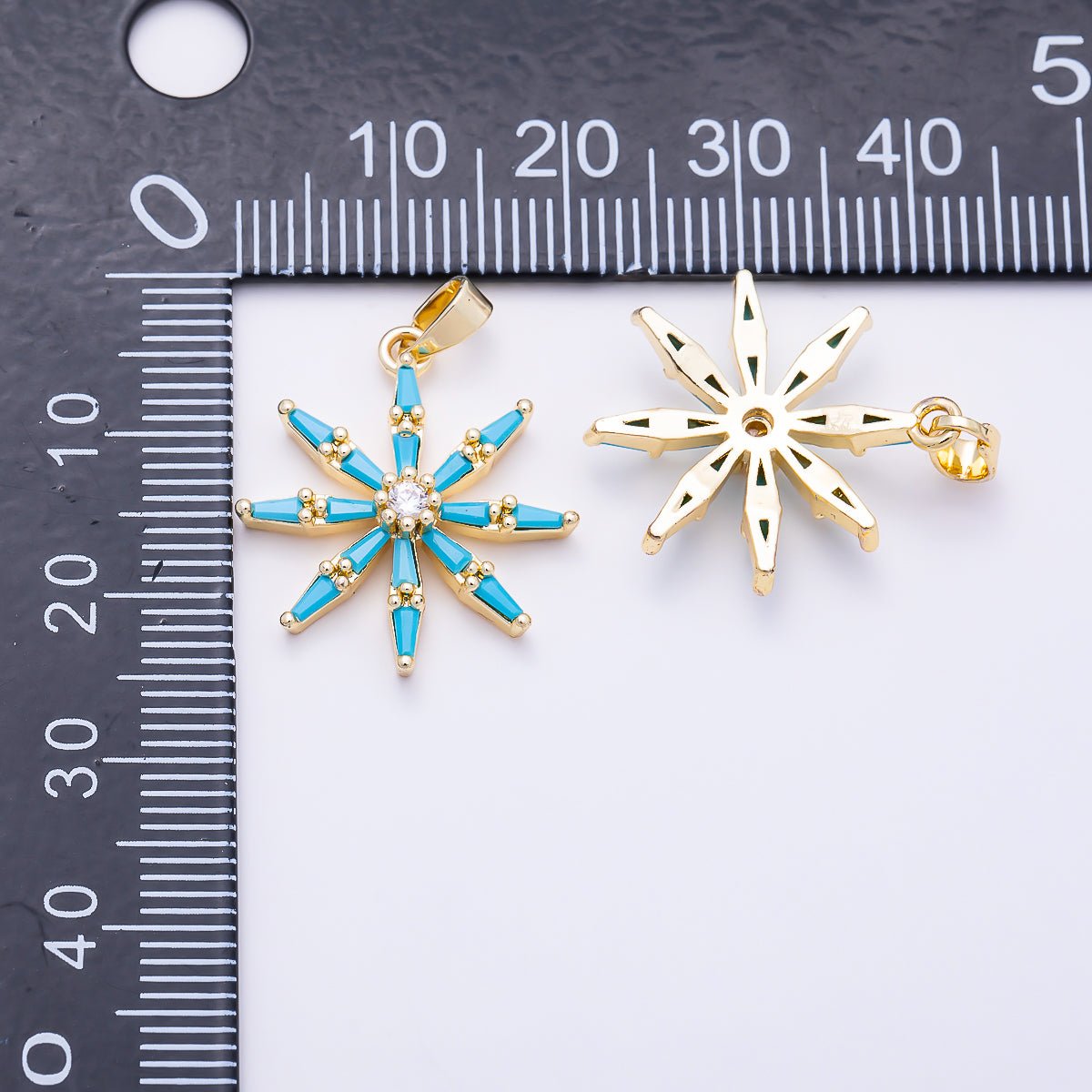 16K Gold Filled 22mm Turquoise Baguette CZ Snowflake Pendant in Gold & Silver | Charms-01896 - DLUXCA