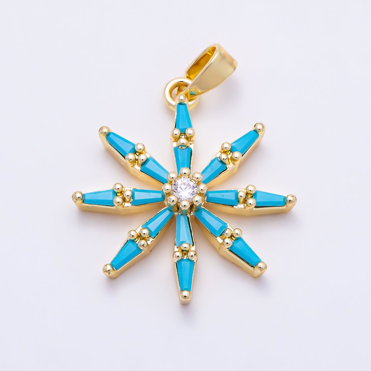 16K Gold Filled 22mm Turquoise Baguette CZ Snowflake Pendant in Gold & Silver | Charms-01896 - DLUXCA