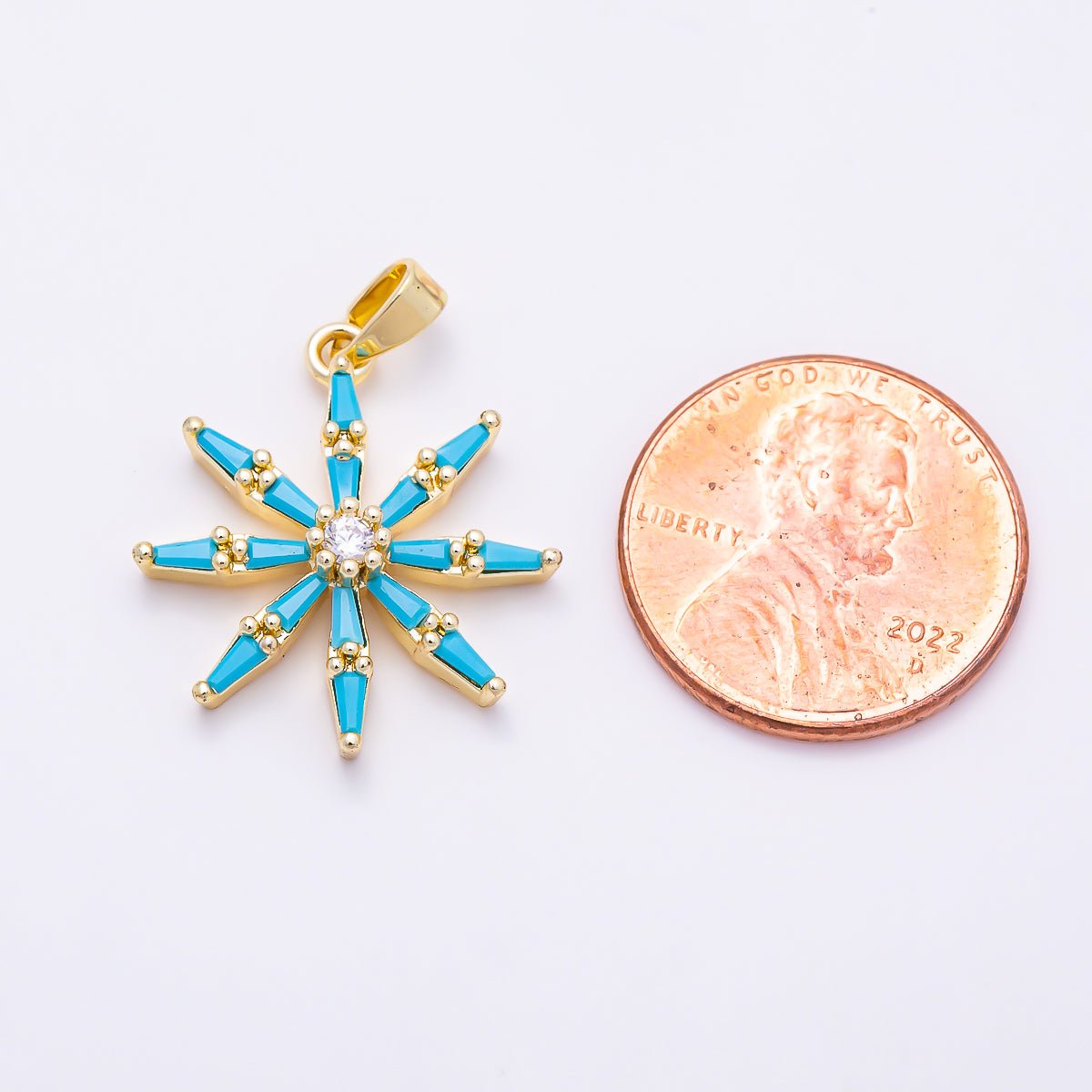 16K Gold Filled 22mm Turquoise Baguette CZ Snowflake Pendant in Gold & Silver | Charms-01896 - DLUXCA